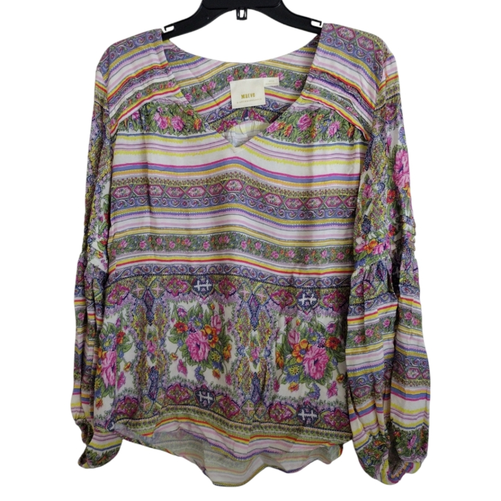 Maeve Anthropologie multicolor floral striped Ceresco peasant top size m…